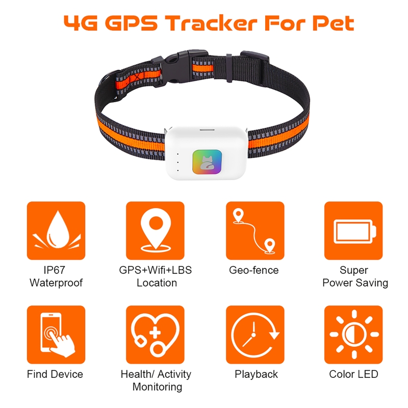 Pet Gps Tracker Collar - GPS-Haustier-Tracker mit buntem LED-Blitz, 4G, intelligentes