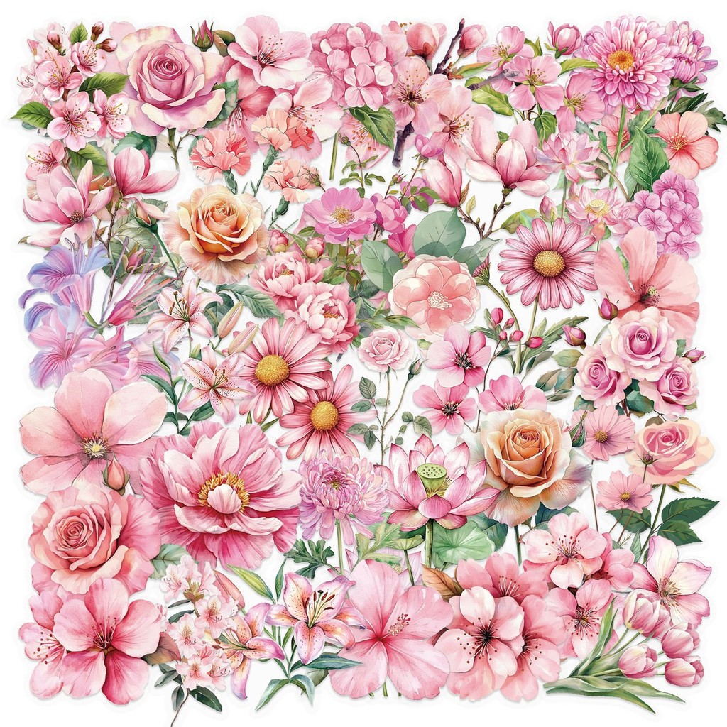 Pet Supplies In Store - 50 Stück transparente Cartoon-Rosa-Blumen-Aufkleber-Set – wasserfestes,